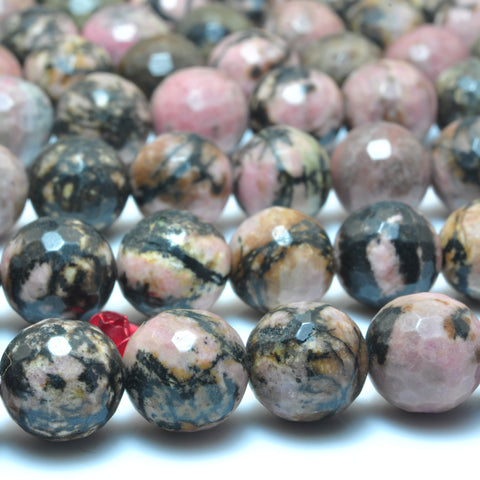 YesBeads natural black banded Rhodonite faceted round loose beads gemstone wholesale jewelry making 15"