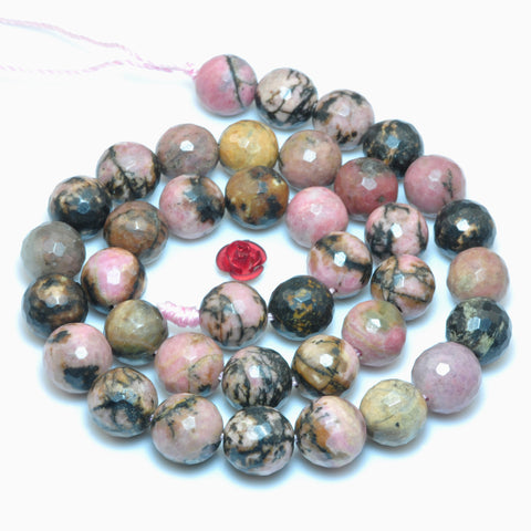 YesBeads natural black banded Rhodonite faceted round loose beads gemstone wholesale jewelry making 15"