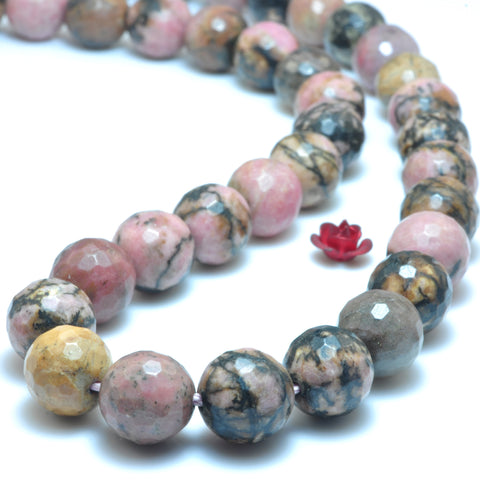 YesBeads natural black banded Rhodonite faceted round loose beads gemstone wholesale jewelry making 15"