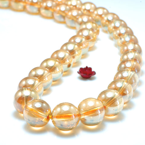 YesBeads Titanium Orange Rock Crystal smooth round loose beads gemstone wholesale jewelry making 15"