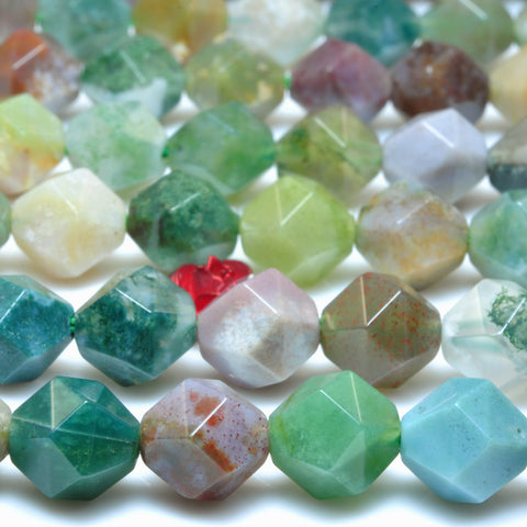 YesBeads Natural Indian Agate star cut faceted nugget loose beads wholesale green gemstone jewelry making 15"