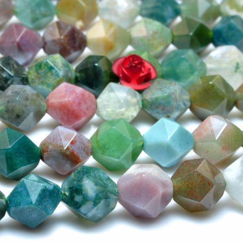 YesBeads Natural Indian Agate star cut faceted nugget loose beads wholesale green gemstone jewelry making 15"