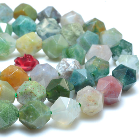 YesBeads Natural Indian Agate star cut faceted nugget loose beads wholesale green gemstone jewelry making 15"