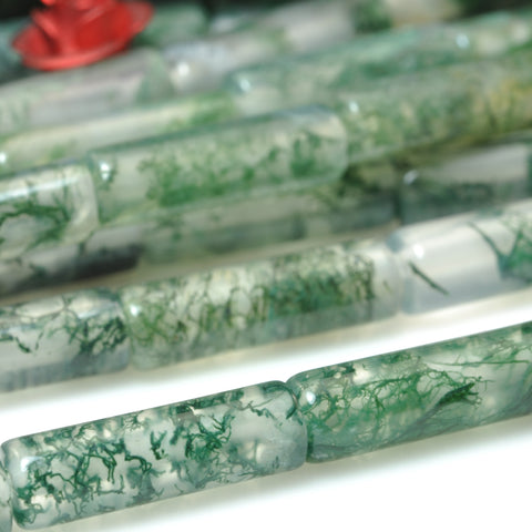 YesBeads Natural Green Moss Agate AA grade smooth tube cylinder beads gemstone wholesale jewelry making 15"