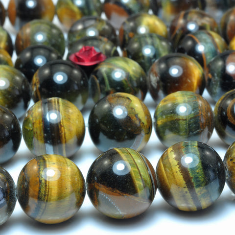 YesBeads natural golden blue Tiger Eye stone smooth round loose beads wholesale gemstone jewelry making 12mm 15"