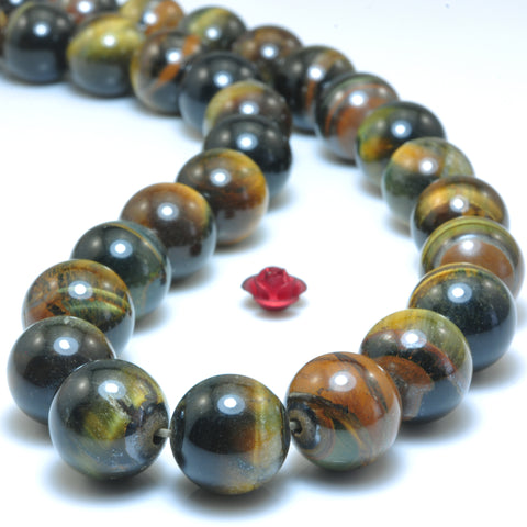 YesBeads natural golden blue Tiger Eye stone smooth round loose beads wholesale gemstone jewelry making 12mm 15"