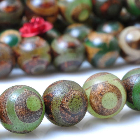 YesBeads Tibetan Agate Dzi three eyes green and brown matte round beads wholesale gemstone jewelry