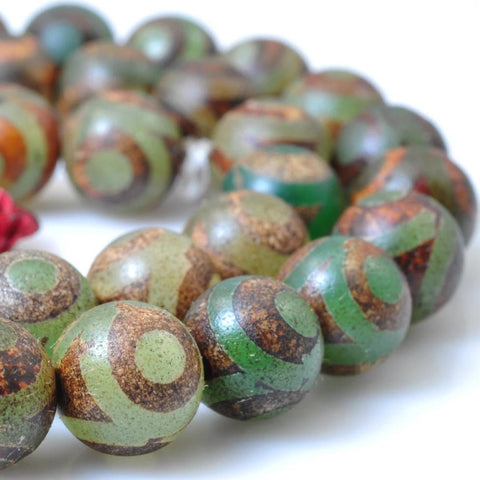 YesBeads Tibetan Agate Dzi three eyes green and brown matte round beads wholesale gemstone jewelry