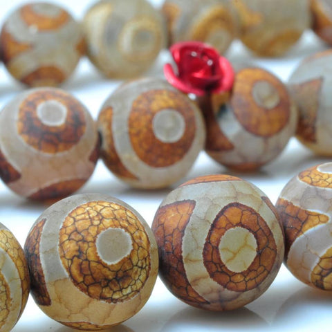 32 pcs of Brown Retro Tibetan Agate three-eyes matte round beads in 12mm