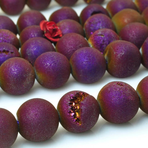 YesBeads Purple Druzy Agate titanium coated agate matte round loose beads wholesale gemstone jewelry making 15"