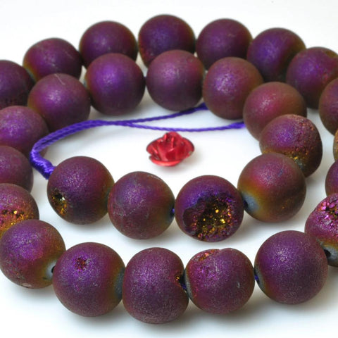 YesBeads Purple Druzy Agate titanium coated agate matte round loose beads wholesale gemstone jewelry making 15"
