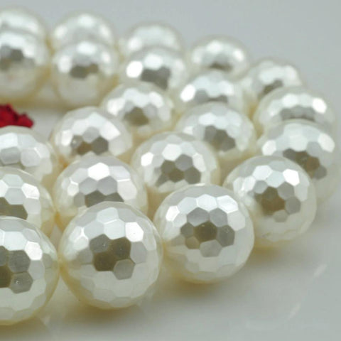YesBeads White Shell Pearl faceted round beads wholesale gemstone jewelry making 6mm-14mm