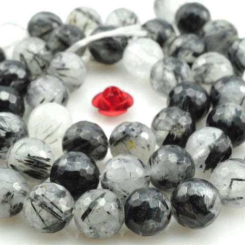YesBeads Natural Black Rutilated Quartz faceted round beads wholesale gemstone jewelry