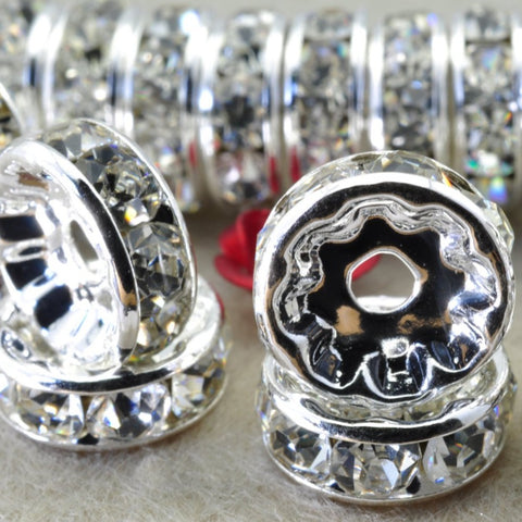YesBeads 100pcs Silver plated clear crystal rhinestone rondelle spacer beads wholesale findings jewelry-Straight Edge