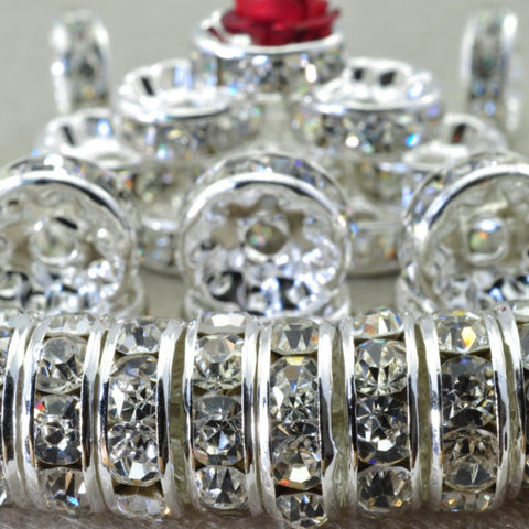 YesBeads 100pcs Silver plated clear crystal rhinestone rondelle spacer beads wholesale findings jewelry-Straight Edge