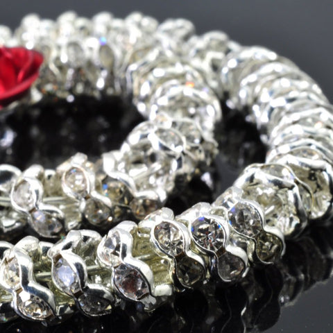 50 pcs of Silver plated Rhinestone flower beads in 6mm diameter X 4mm Thick