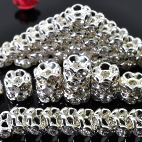 50 pcs of Silver plated Rhinestone flower beads in 6mm diameter X 4mm Thick