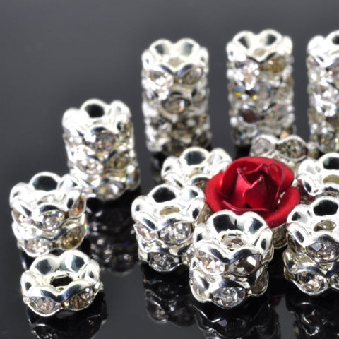 50 pcs of Silver plated Rhinestone flower beads in 6mm diameter X 4mm Thick