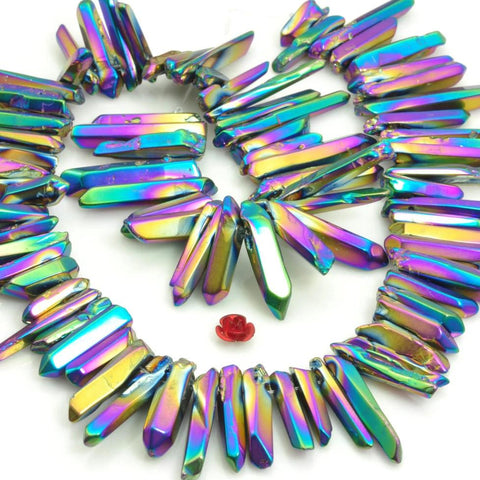 YesBeads 15 inches Polished Titanium Coated Mystic Drilled Crystal,Quartz Points,smooth gemstone, pendant beads , Rainbow Color