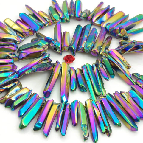 YesBeads 15 inches Polished Titanium Coated Mystic Drilled Crystal,Quartz Points,smooth gemstone, pendant beads , Rainbow Color