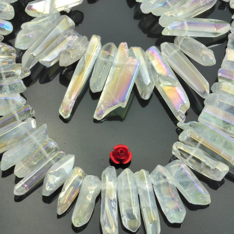 YesBeads 15 inches Polished Titanium Coated Mystic Drilled Crystal,Quartz Points,smooth gemstone ,pendant beads,Transparency AB Color