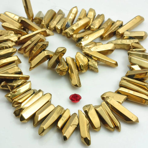 YesBeads 15 inches Polished Titanium Coated Mystic Drilled Crystal,Quartz Points,smooth gemstone, pendant beads, Gold Color