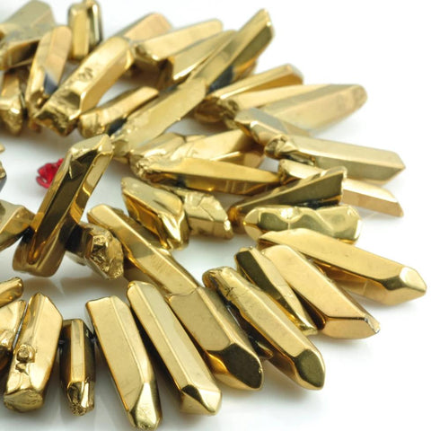 YesBeads 15 inches Polished Titanium Coated Mystic Drilled Crystal,Quartz Points,smooth gemstone, pendant beads, Gold Color