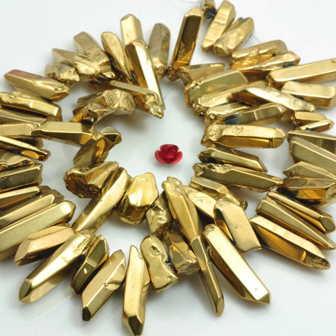 YesBeads 15 inches Polished Titanium Coated Mystic Drilled Crystal,Quartz Points,smooth gemstone, pendant beads, Gold Color