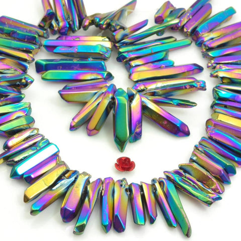 YesBeads 15 inches Polished Titanium Coated Mystic Drilled Crystal,Quartz Points,smooth gemstone, pendant beads , Rainbow Color