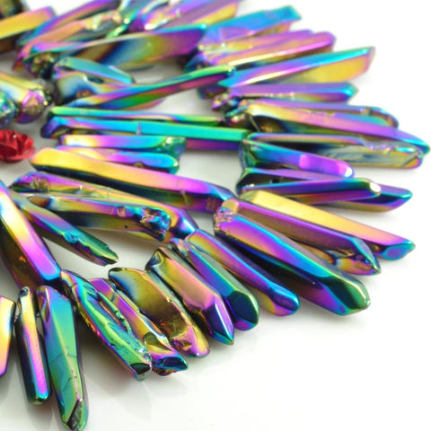 YesBeads 15 inches Polished Titanium Coated Mystic Drilled Crystal,Quartz Points,smooth gemstone, pendant beads , Rainbow Color