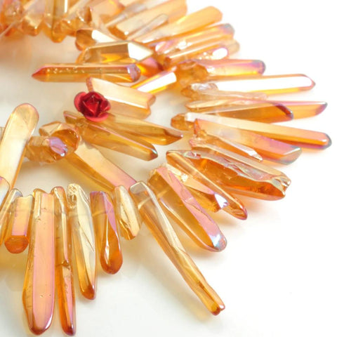 YesBeads 15 inches Polished Titanium Coated Mystic Drilled Crystal,Quartz Points,smooth gemstone, pendant beads ,Copper Peach Orange Color