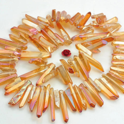 YesBeads 15 inches Polished Titanium Coated Mystic Drilled Crystal,Quartz Points,smooth gemstone, pendant beads ,Copper Peach Orange Color