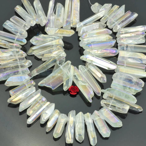 YesBeads 15 inches Polished Titanium Coated Mystic Drilled Crystal,Quartz Points,smooth gemstone ,pendant beads,Transparency AB Color