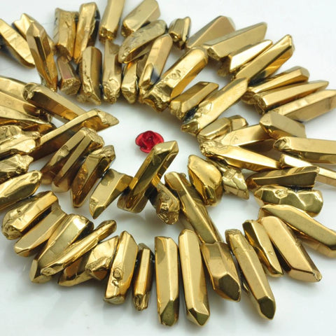 YesBeads 15 inches Polished Titanium Coated Mystic Drilled Crystal,Quartz Points,smooth gemstone, pendant beads, Gold Color