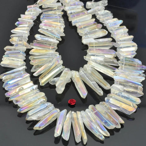 YesBeads 15 inches Polished Titanium Coated Mystic Drilled Crystal,Quartz Points,smooth gemstone ,spike tower beads,Transparency AB Color