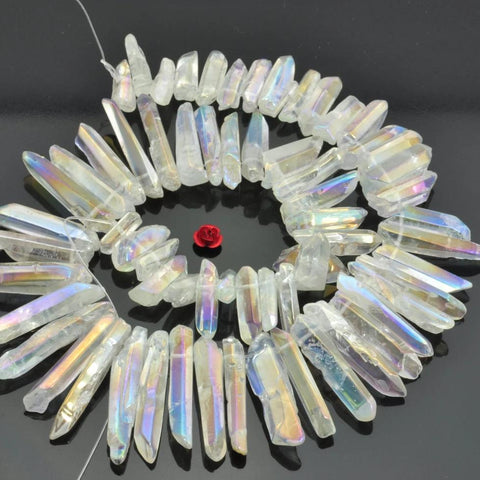 YesBeads 15 inches Polished Titanium Coated Mystic Drilled Crystal,Quartz Points,smooth gemstone ,spike tower beads,Transparency AB Color
