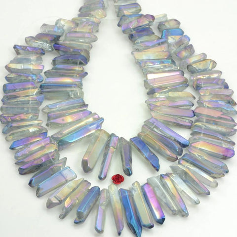 YesBeads 15 inches Polished Titanium Coated Mystic Drilled Crystal,Quartz Points,smooth gemstone ,spike tower beads, Light grey with purple Color