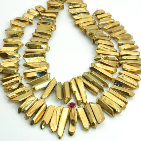 YesBeads 15 inches Polished Titanium Coated Mystic Drilled Crystal,Quartz Points,Smooth gemstone ,spike tower beads, Gold Color