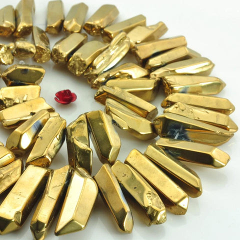 YesBeads 15 inches Polished Titanium Coated Mystic Drilled Crystal,Quartz Points,Smooth gemstone ,spike tower beads, Gold Color