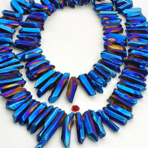 YesBeads 15 inches Smooth Titanium Coated Mystic Drilled Crystal,Quartz Points,Dagger gemstone ,spike tower beads ,Dark blue Color