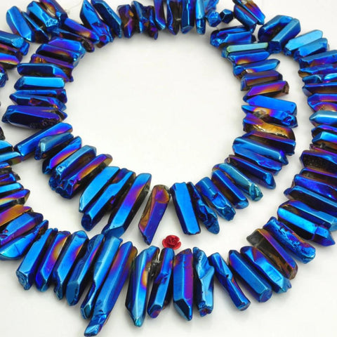 YesBeads 15 inches Smooth Titanium Coated Mystic Drilled Crystal,Quartz Points,Dagger gemstone ,spike tower beads ,Dark blue Color
