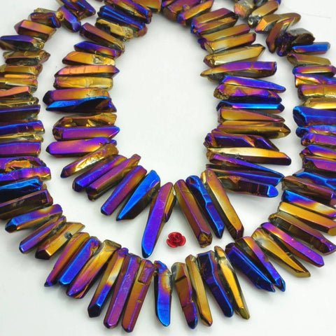 YesBeads 15 inches Polished Titanium Coated Mystic Drilled Crystal,Quartz Points,smooth gemstone,spike tower beads,Dark Blue with some purple Color