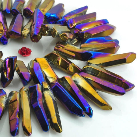 YesBeads 15 inches Polished Titanium Coated Mystic Drilled Crystal,Quartz Points,smooth gemstone,spike tower beads,Dark Blue with some purple Color