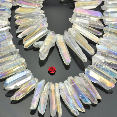 YesBeads 15 inches Polished Titanium Coated Mystic Drilled Crystal,Quartz Points,smooth gemstone ,spike tower beads,Transparency AB Color