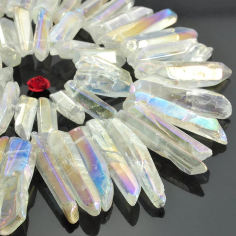 YesBeads 15 inches Polished Titanium Coated Mystic Drilled Crystal,Quartz Points,smooth gemstone ,spike tower beads,Transparency AB Color