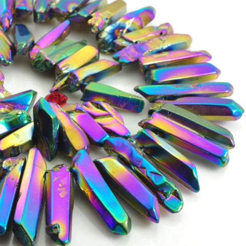 YesBeads 15 inches Polished Titanium Coated Mystic Drilled Crystal,Quartz Points,smooth gemstone ,spike tower beads , Rainbow Color