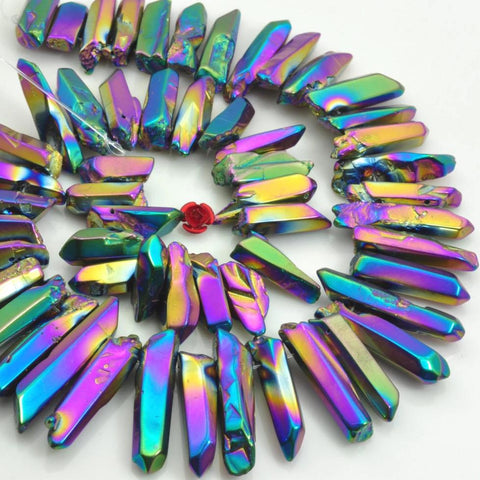 YesBeads 15 inches Polished Titanium Coated Mystic Drilled Crystal,Quartz Points,smooth gemstone ,spike tower beads , Rainbow Color