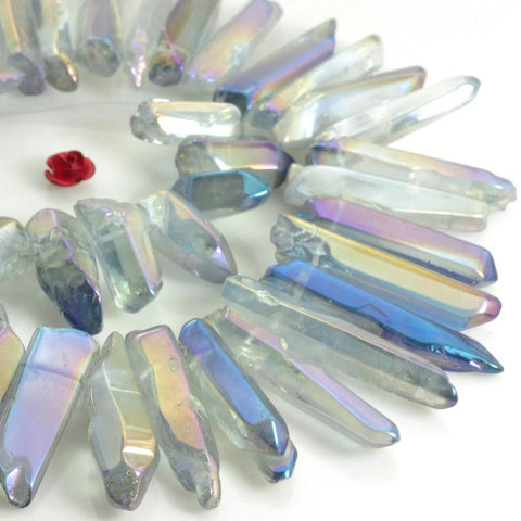 YesBeads 15 inches Polished Titanium Coated Mystic Drilled Crystal,Quartz Points,smooth gemstone ,spike tower beads, Light grey with purple Color