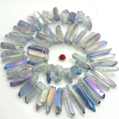 YesBeads 15 inches Polished Titanium Coated Mystic Drilled Crystal,Quartz Points,smooth gemstone ,spike tower beads, Light grey with purple Color
