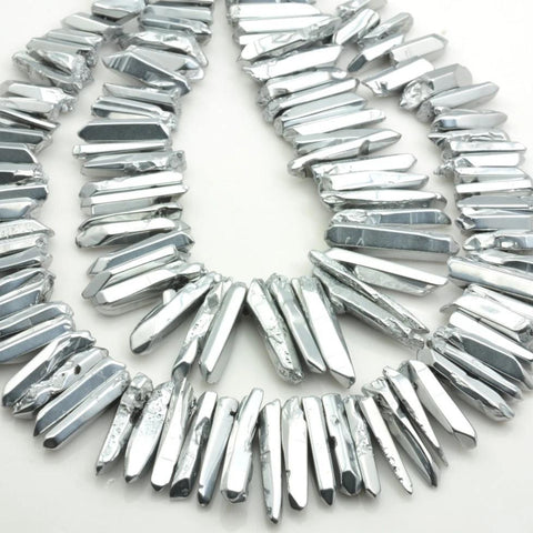 YesBeads 15 inches Polished Titanium Coated Mystic Drilled Crystal,Quartz Points,smooth gemstone ,spike tower beads , Silver Color